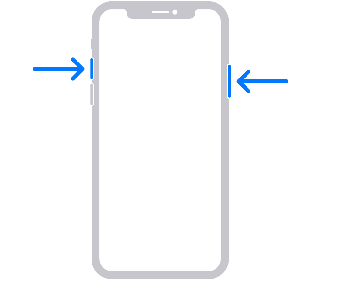 Pfeile, die auf die Seitentaste und die Taste zum Erhöhen der Lautstärke bei einem Telefon mit Face ID wie dem iPhone 14 zeigen